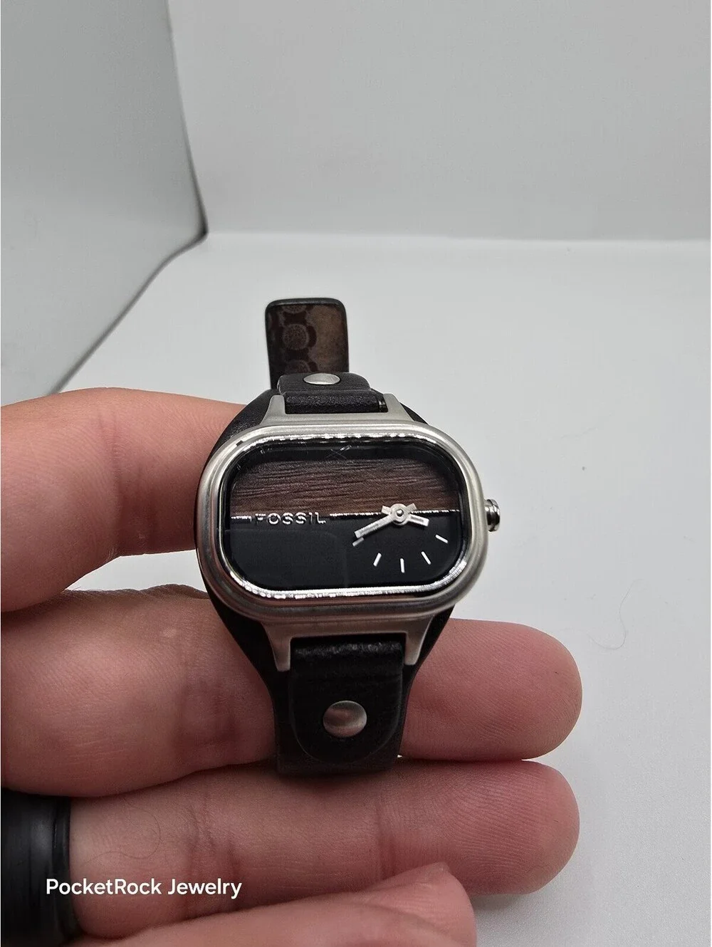 Fossil Women’s Quartz Analog Rectangle Watch Black Dial Silver Case Leather